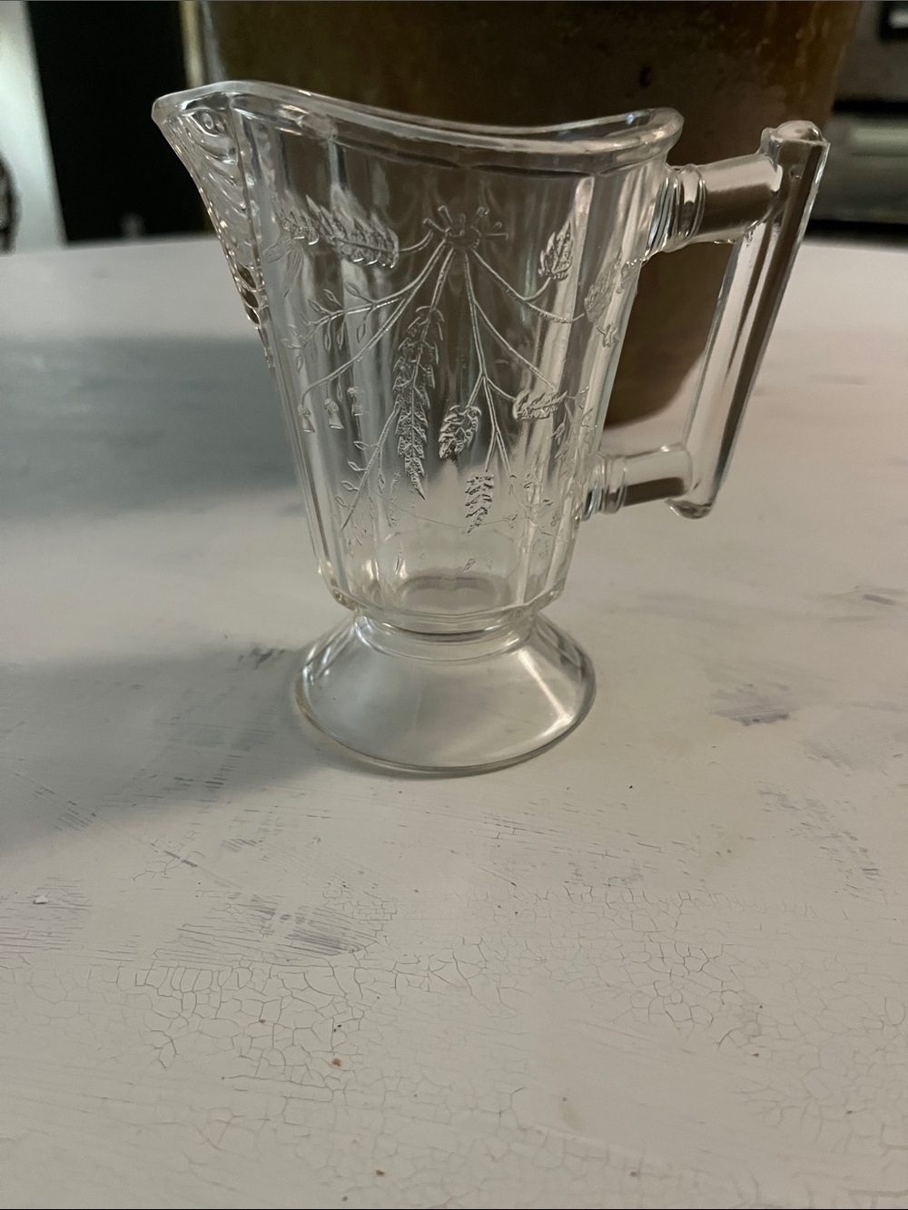Clear Glass Pedestal Creamer with Wheat Motif